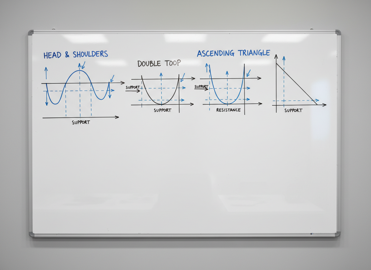 A close-up, photographic shot of a clean whiteboard filled with meticulously drawn chart patterns using blue and black markers, including head-and-shoulders, double tops, and ascending triangles, each neatly labeled with small arrows and support/resistance levels. The whiteboard is mounted on a smooth light gray wall in a minimalist office environment. Soft studio lighting creates even illumination and faint reflections on the glossy whiteboard surface. The mood is focused and academic, emphasizing structured trading education. Captured straight-on with sharp focus and a shallow background blur, giving prominence to the patterns as learning tools rather than promises of returns or trading advice.